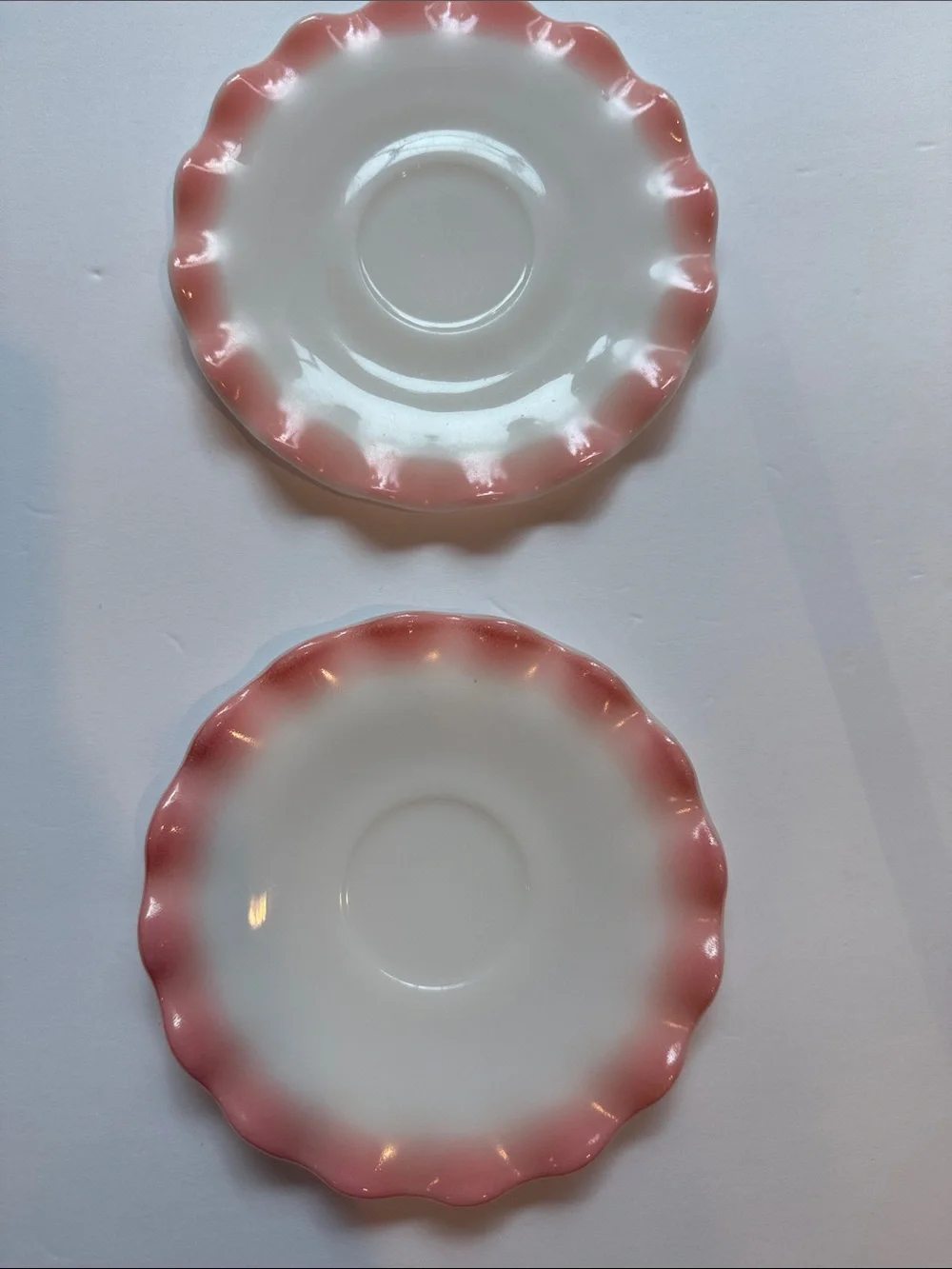 Hazel Atlas White Saucer with Pink Ruffle Edge - Set of 2